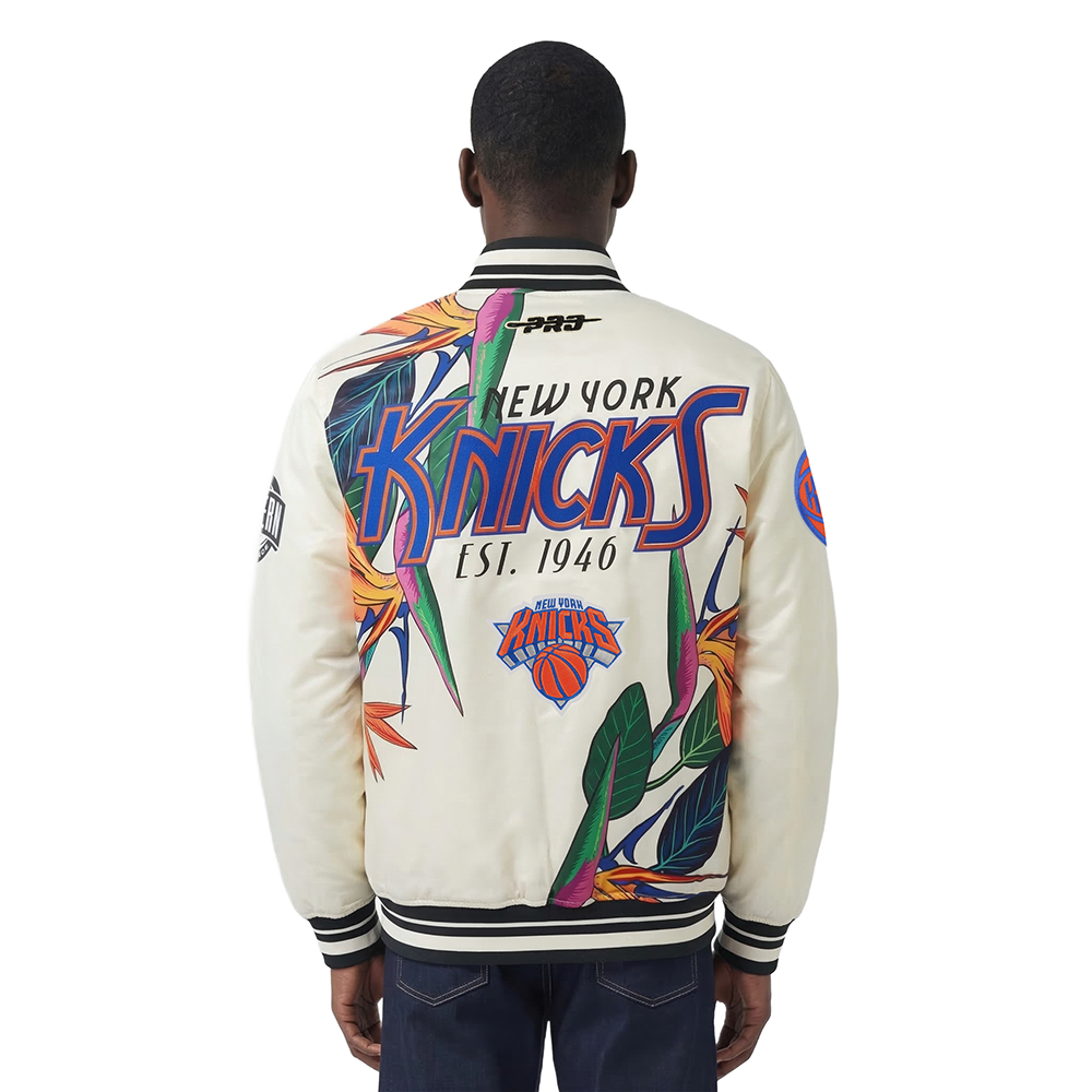 NBA NEW YORK KNICKS PARADISE MEN'S SATIN JACKET (EGGSHELL/ BLACK)
