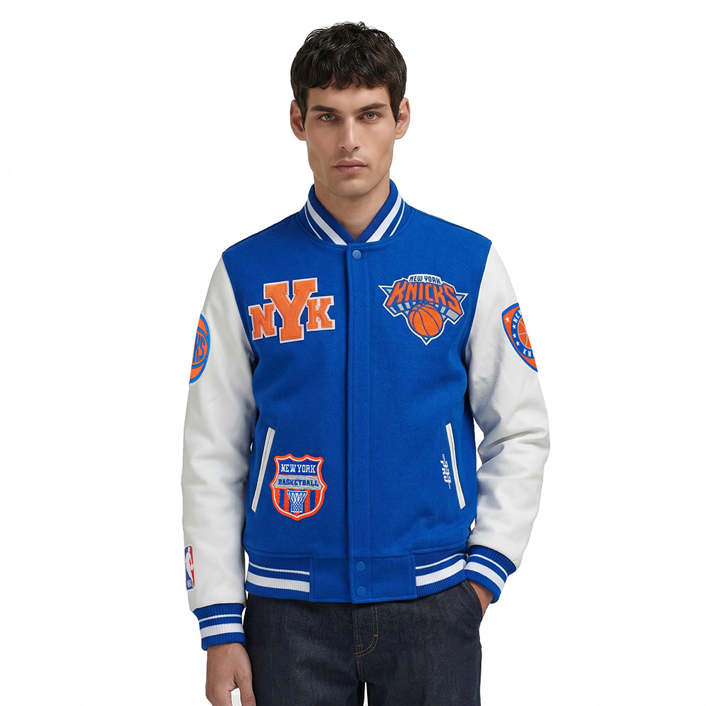 NBA NEW YORK KNICKS LETTERMAN BLOUSON COLLÉGIAL POUR HOMME (BLEU ROYAL/BLANC)