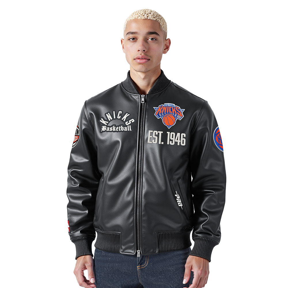 NBA NEW YORK KNICKS MODERN ORIGINALS MEN'S LEATHER VARSITY JACKET (JET BLACK)