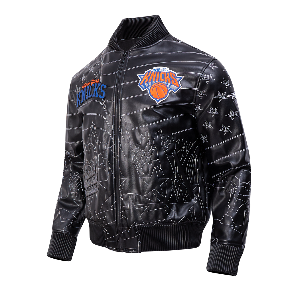NBA NEW YORK KNICKS PRO PREMIUM MEN'S HEAVY LEATHER JACKET (BLACK)
