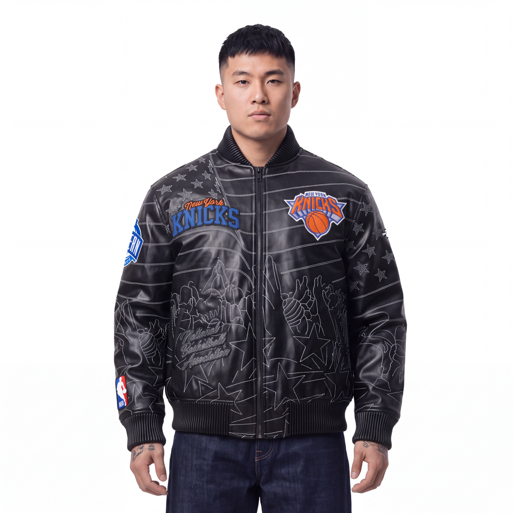 NBA NEW YORK KNICKS PRO PREMIUM MEN'S HEAVY LEATHER JACKET (BLACK)