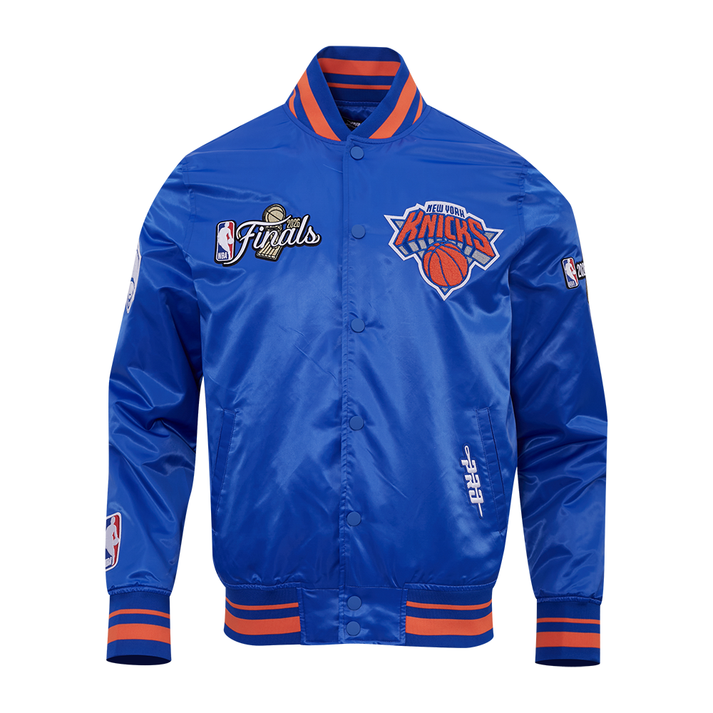 NBA NEW YORK KNICKS BLOUSON DU CHAMPIONNAT 2026 EN SATIN POUR HOMME (BLEU ROYAL/ORANGE/BLEU ROYAL)