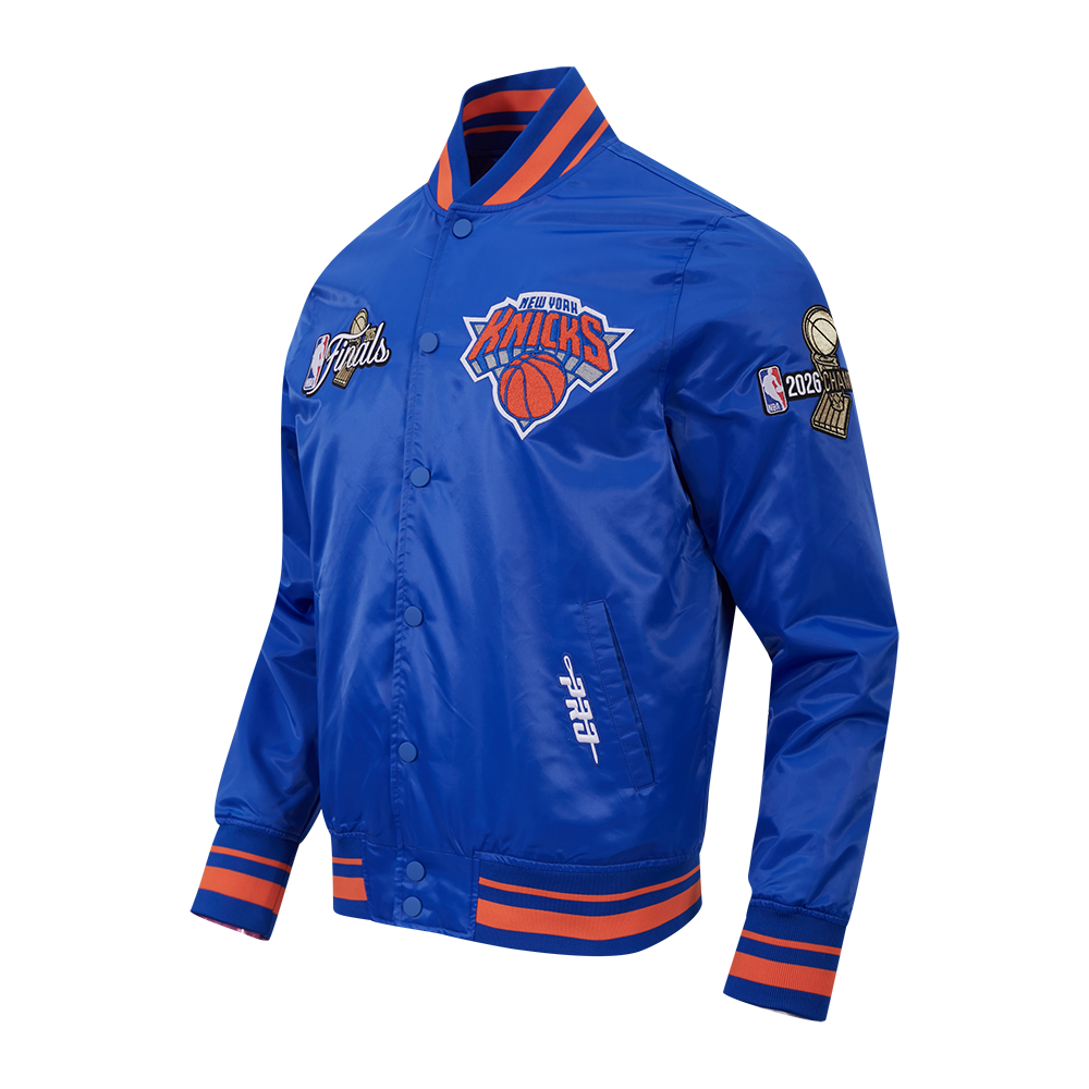 NBA NEW YORK KNICKS BLOUSON DU CHAMPIONNAT 2026 EN SATIN POUR HOMME (BLEU ROYAL/ORANGE/BLEU ROYAL)