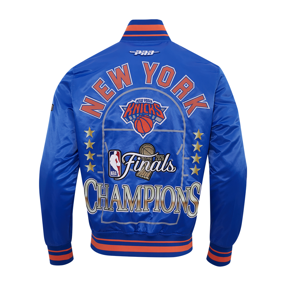 NBA NEW YORK KNICKS BLOUSON DU CHAMPIONNAT 2026 EN SATIN POUR HOMME (BLEU ROYAL/ORANGE/BLEU ROYAL)