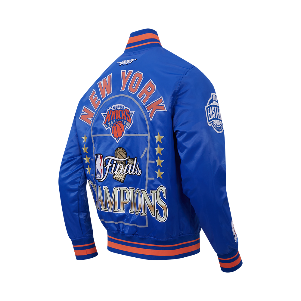 NBA NEW YORK KNICKS BLOUSON DU CHAMPIONNAT 2026 EN SATIN POUR HOMME (BLEU ROYAL/ORANGE/BLEU ROYAL)