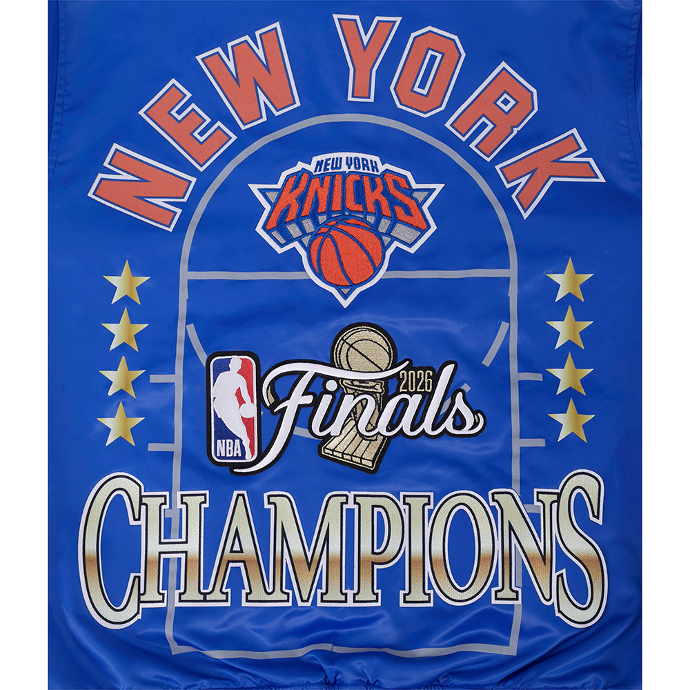 NBA NEW YORK KNICKS BLOUSON DU CHAMPIONNAT 2026 EN SATIN POUR HOMME (BLEU ROYAL/ORANGE/BLEU ROYAL)