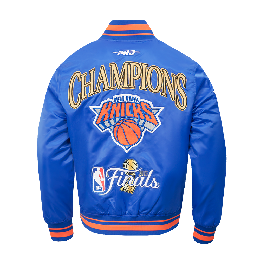 NBA NEW YORK KNICKS BLOUSON EN SATIN POUR HOMME (BLEU ROYAL/ORANGE/BLEU ROYAL)