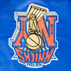 NBA NEW YORK KNICKS BLOUSON EN SATIN POUR HOMME (BLEU ROYAL/ORANGE/BLEU ROYAL)