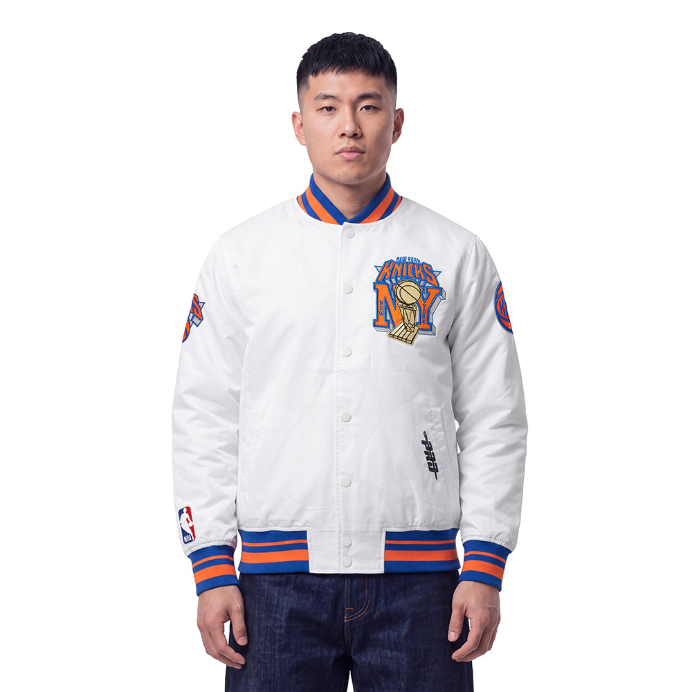 NBA NEW YORK KNICKS  MEN'S SATIN JACKET (WHITE/ROYAL BLUE/ORANGE)