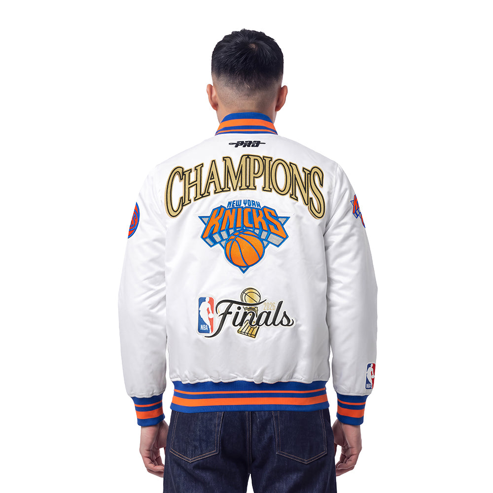 NBA NEW YORK KNICKS  MEN'S SATIN JACKET (WHITE/ROYAL BLUE/ORANGE)