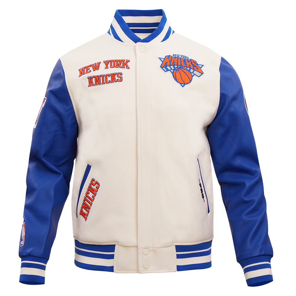 NBA NEW YORK KNICKS RETRO CLASSIC MEN'S RIB WOOL VARSITY JACKET (EGGSHELL/ ROYAL BLUE)