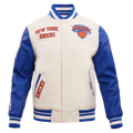 NBA NEW YORK KNICKS RETRO CLASSIC MEN'S RIB WOOL VARSITY JACKET (EGGSHELL/ ROYAL BLUE)
