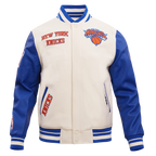 NBA NEW YORK KNICKS RETRO CLASSIC MEN'S RIB WOOL VARSITY JACKET (EGGSHELL/ ROYAL BLUE)