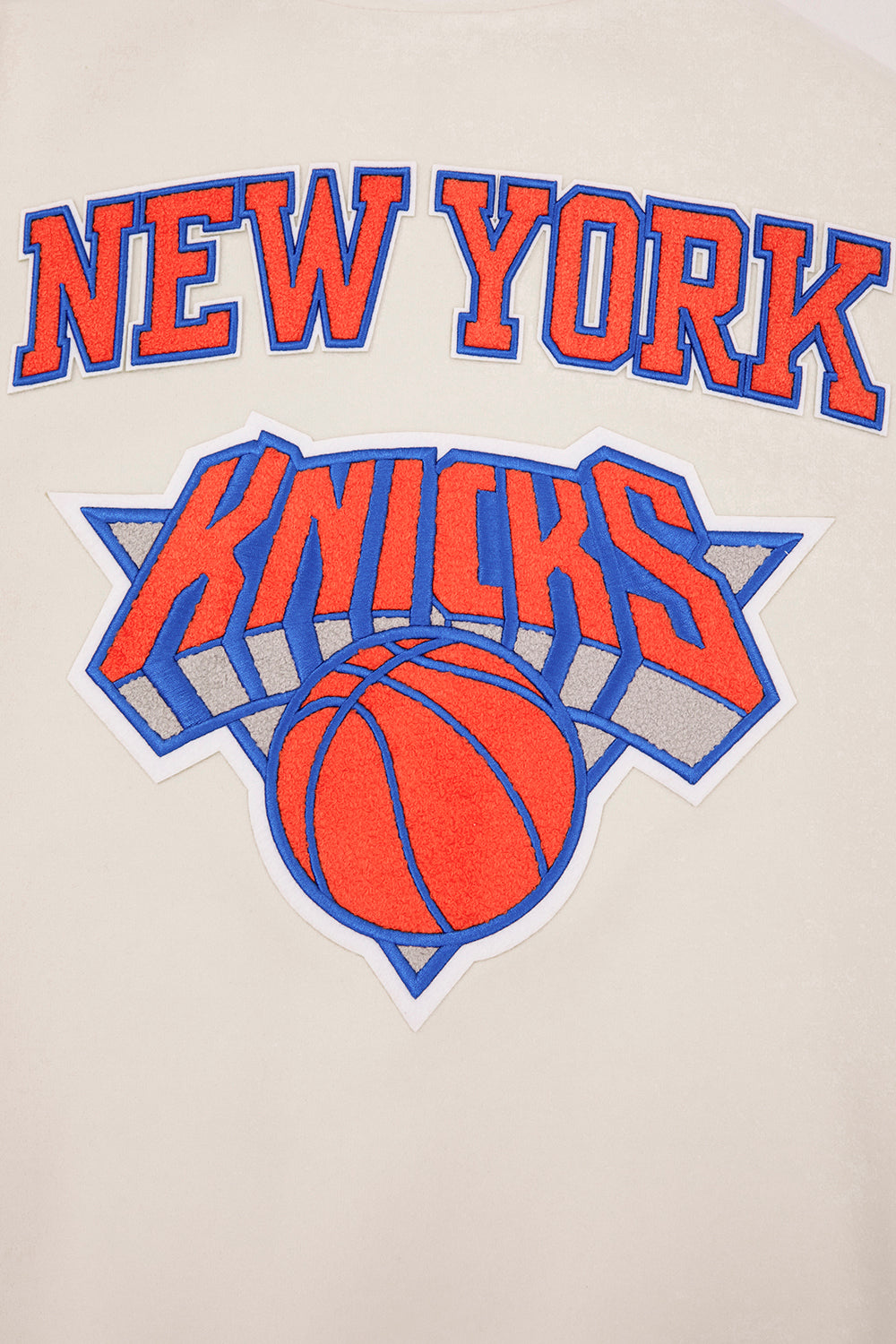 NBA NEW YORK KNICKS RETRO CLASSIC MEN'S RIB WOOL VARSITY JACKET (EGGSHELL/ ROYAL BLUE)