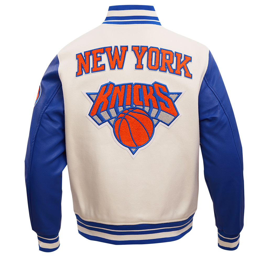 NBA NEW YORK KNICKS RETRO CLASSIC MEN'S RIB WOOL VARSITY JACKET (EGGSHELL/ ROYAL BLUE)