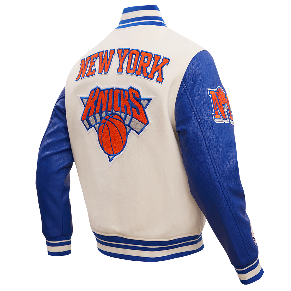 NBA NEW YORK KNICKS RETRO CLASSIC MEN'S RIB WOOL VARSITY JACKET (EGGSHELL/ ROYAL BLUE)