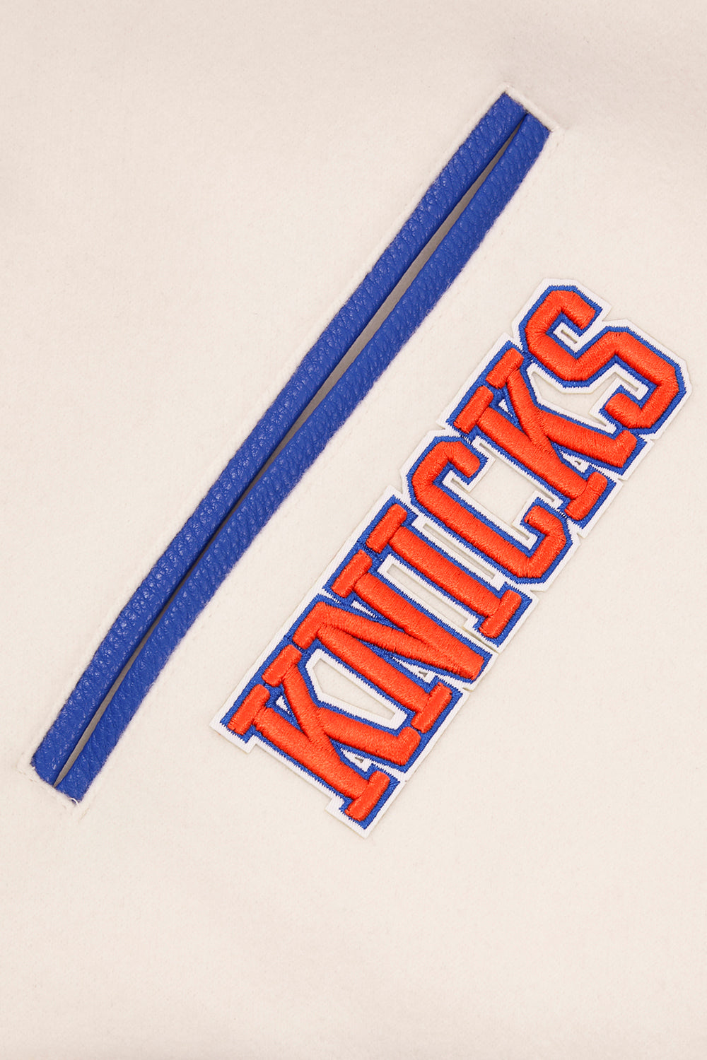 NBA NEW YORK KNICKS RETRO CLASSIC MEN'S RIB WOOL VARSITY JACKET (EGGSHELL/ ROYAL BLUE)
