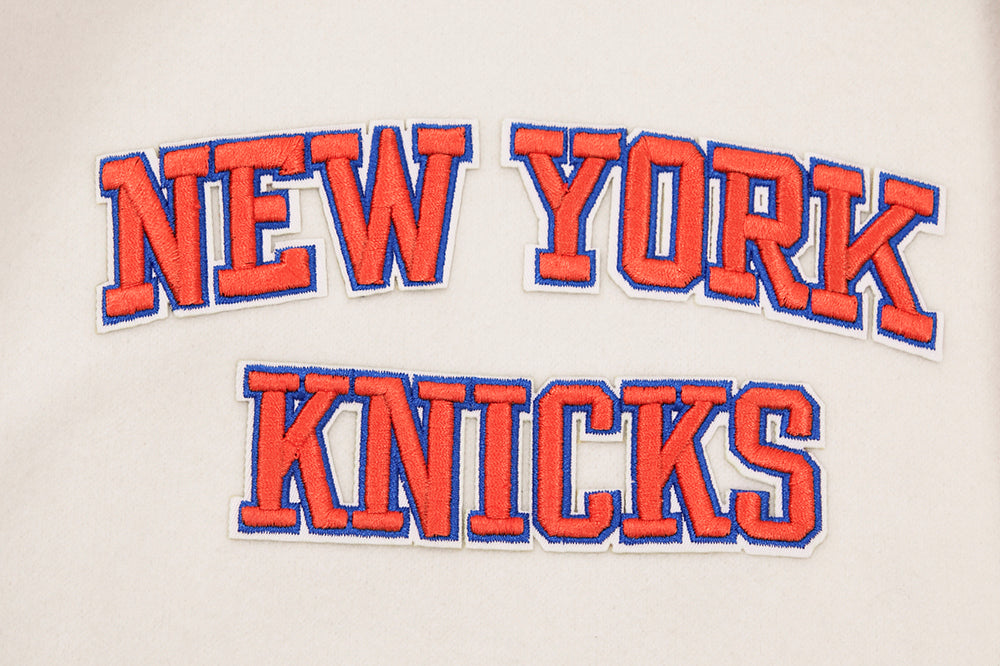 NBA NEW YORK KNICKS RETRO CLASSIC MEN'S RIB WOOL VARSITY JACKET (EGGSHELL/ ROYAL BLUE)