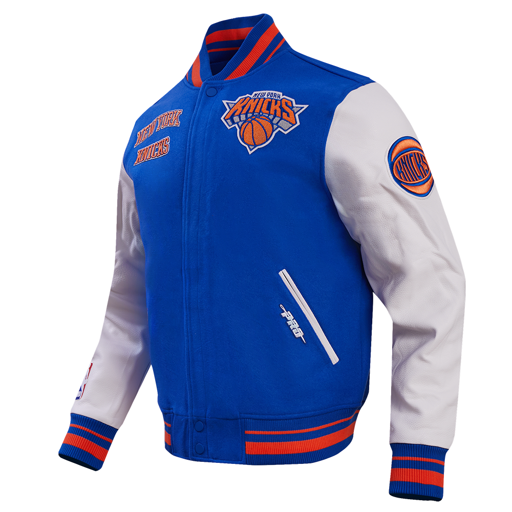NBA NEW YORK KNICKS RETRO CLASSIC MEN'S RIB WOOL VARSITY JACKET (ROYAL BLUE/ORANGE)