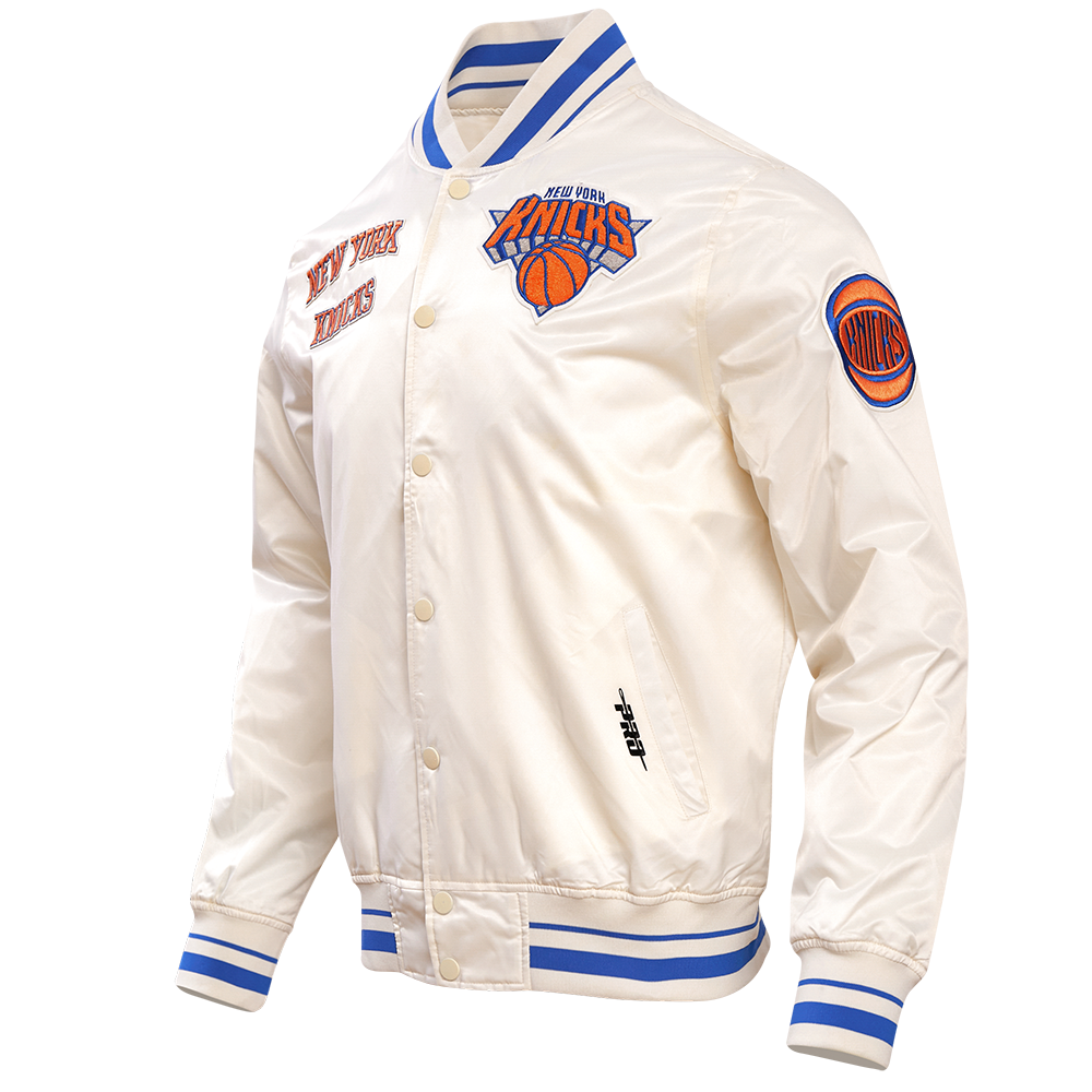 NBA NEW YORK KNICKS RETRO CLASSIC MEN'S RIB SATIN JACKET (EGGSHELL/ ROYAL BLUE)