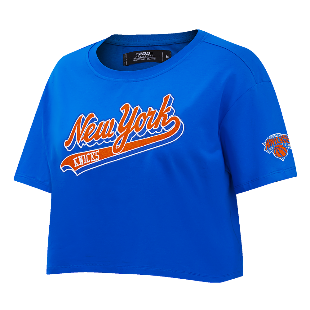 NBA NEW YORK KNICKS SCRIPT TAIL WOMEN'S SINGLE JERSEY BOXY TEE (ROYAL BLUE)