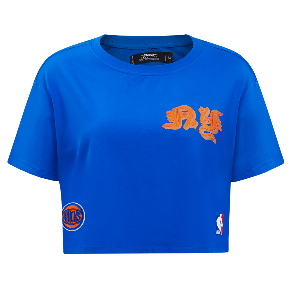 NBA NEW YORK KNICKS OLD ENGLISH WOMEN'S SJ BOXY TEE (ROYAL BLUE)