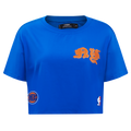 NBA NEW YORK KNICKS OLD ENGLISH WOMEN'S SJ BOXY TEE (ROYAL BLUE)