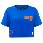 NBA NEW YORK KNICKS OLD ENGLISH WOMEN'S SJ BOXY TEE (ROYAL BLUE)