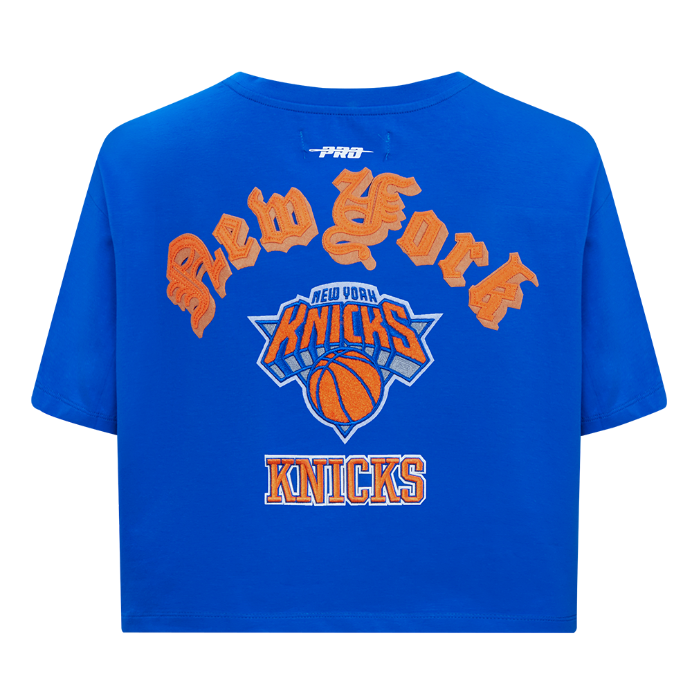 NBA NEW YORK KNICKS OLD ENGLISH WOMEN'S SJ BOXY TEE (ROYAL BLUE)