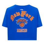 NBA NEW YORK KNICKS OLD ENGLISH WOMEN'S SJ BOXY TEE (ROYAL BLUE)