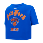 NBA NEW YORK KNICKS OLD ENGLISH WOMEN'S SJ BOXY TEE (ROYAL BLUE)
