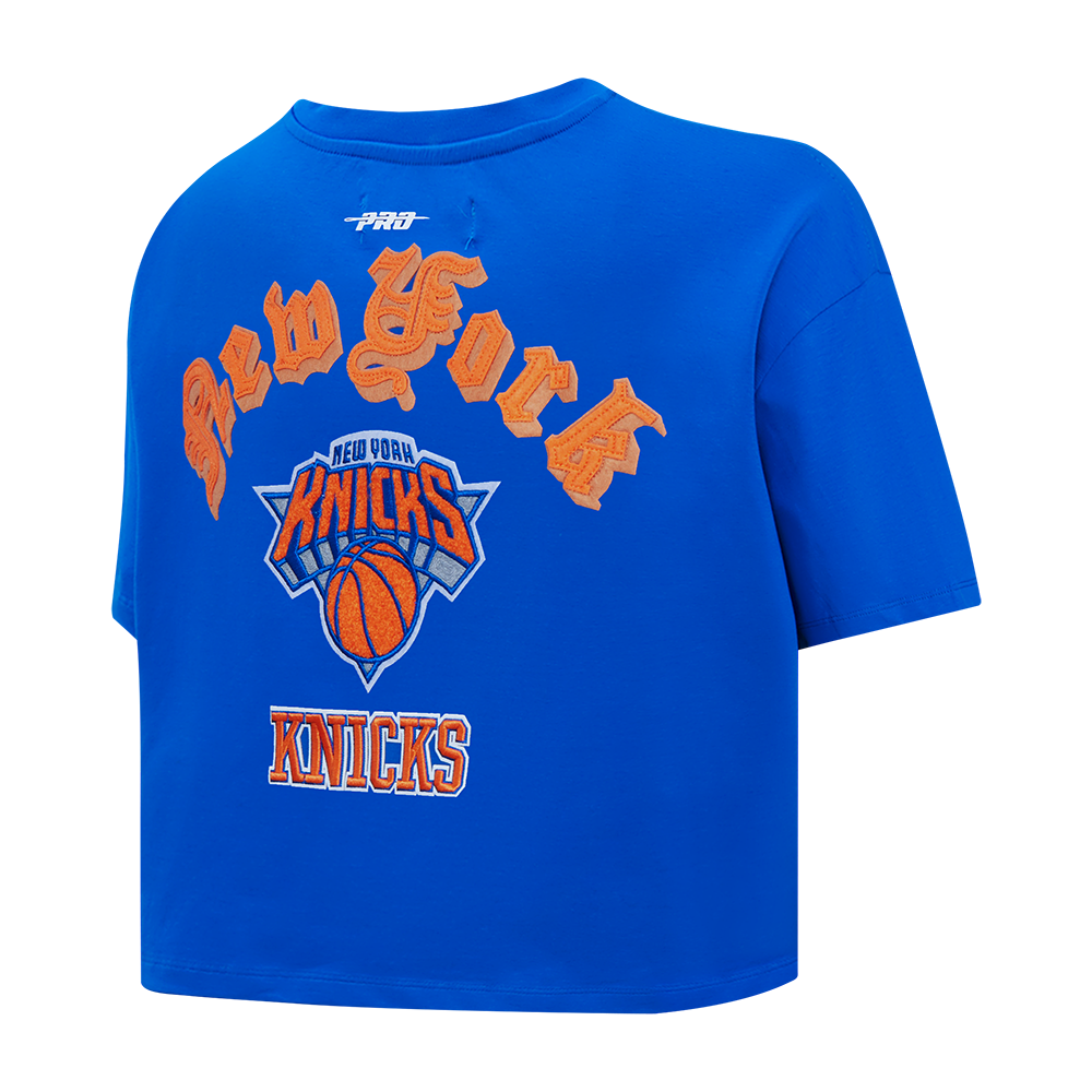 NBA NEW YORK KNICKS OLD ENGLISH WOMEN'S SJ BOXY TEE (ROYAL BLUE)