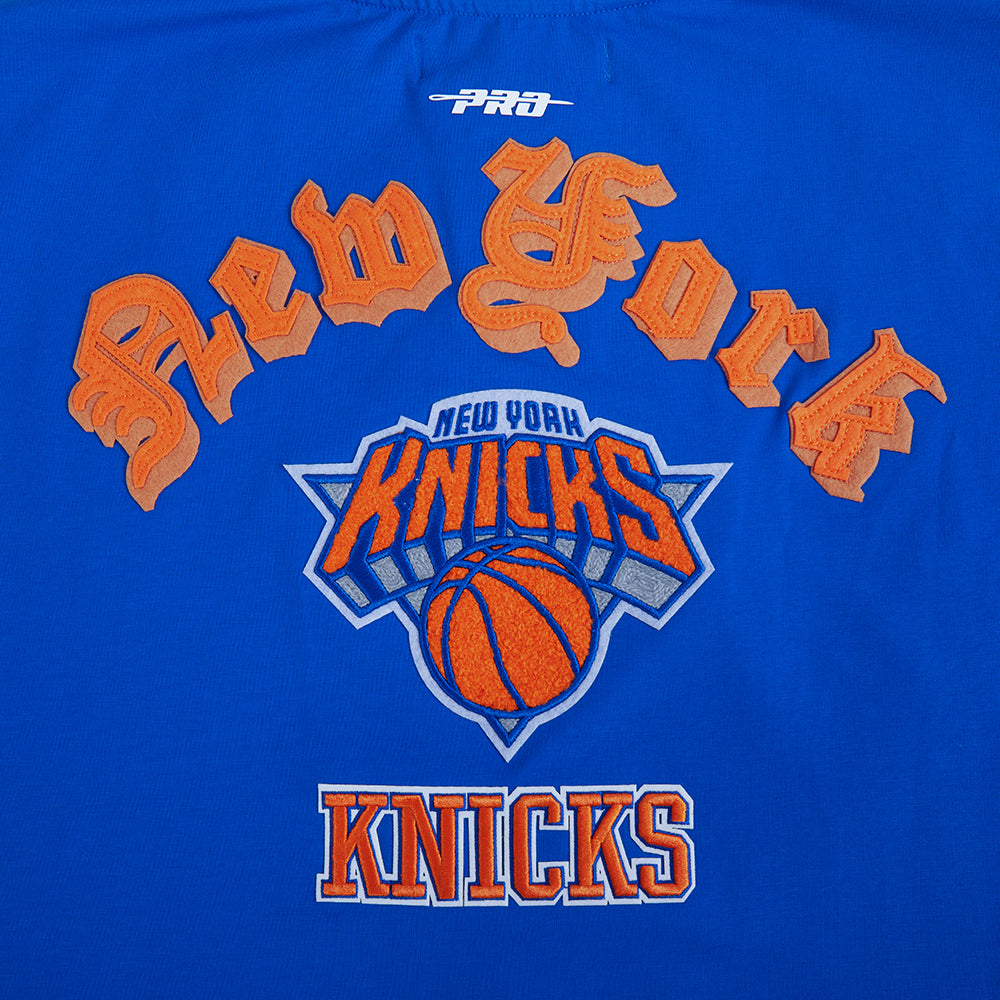 NBA NEW YORK KNICKS OLD ENGLISH WOMEN'S SJ BOXY TEE (ROYAL BLUE)