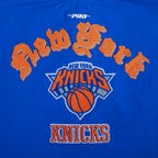 NBA NEW YORK KNICKS OLD ENGLISH WOMEN'S SJ BOXY TEE (ROYAL BLUE)
