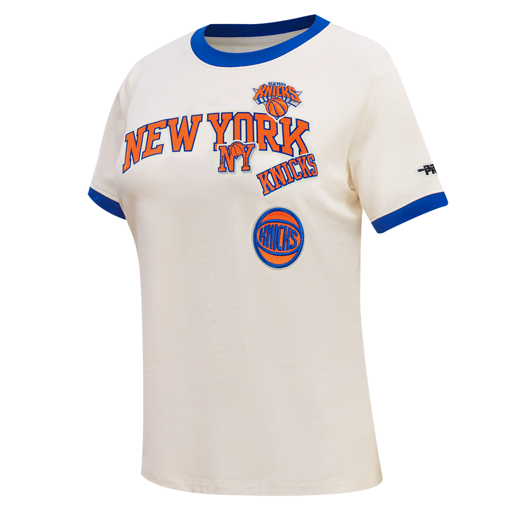 NBA NEW YORK KNICKS RETRO CASCADE WOMEN'S RINGER TEE (EGGSHELL/ROYAL BLUE)