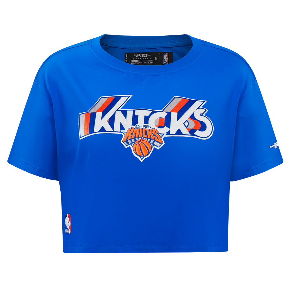 NBA NEW YORK KNICKS RETRO ELEVATION T-SHIRT EN JERSEY SIMPLE À COUPE CARRÉE POUR FEMME (BLEU ROYAL)