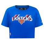 NBA NEW YORK KNICKS RETRO ELEVATION T-SHIRT EN JERSEY SIMPLE À COUPE CARRÉE POUR FEMME (BLEU ROYAL)