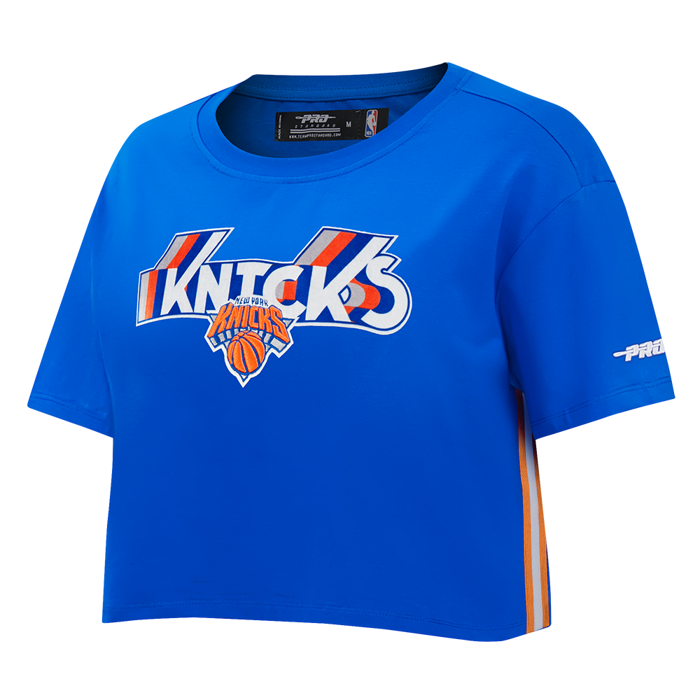 NBA NEW YORK KNICKS RETRO ELEVATION T-SHIRT EN JERSEY SIMPLE À COUPE CARRÉE POUR FEMME (BLEU ROYAL)