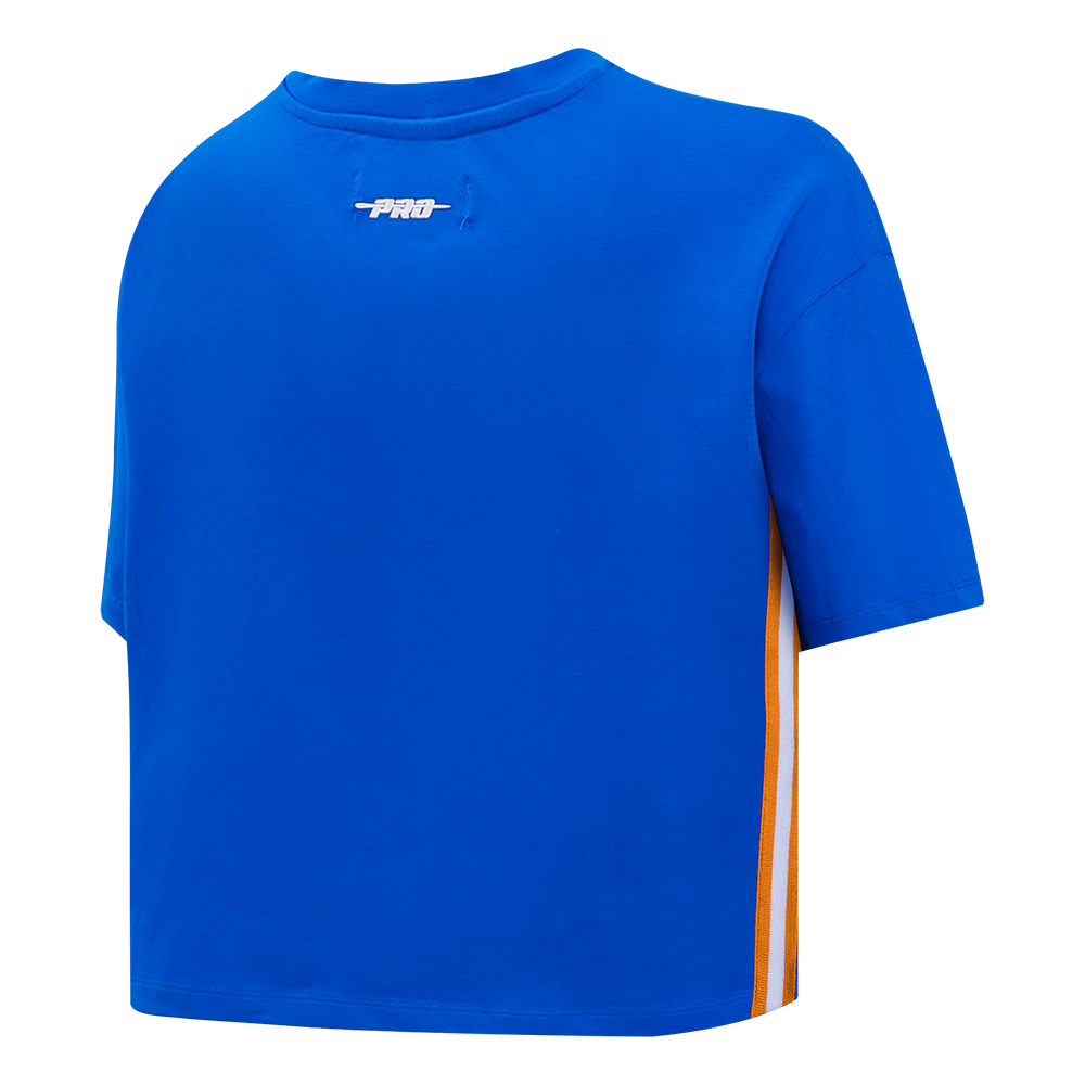NBA NEW YORK KNICKS RETRO ELEVATION T-SHIRT EN JERSEY SIMPLE À COUPE CARRÉE POUR FEMME (BLEU ROYAL)