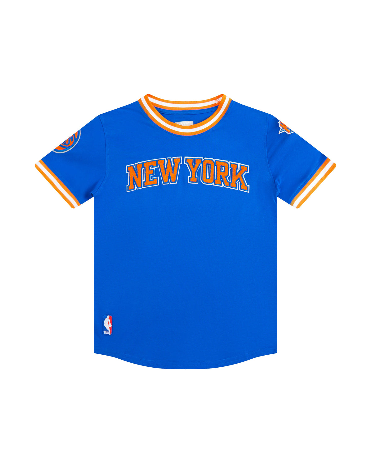 NBA NEW YORK KNICKS CLASSIC BIG BOY'S SHORT SLEEVE STRIPED RIB TEE (ROYAL BLUE/ORANGE)