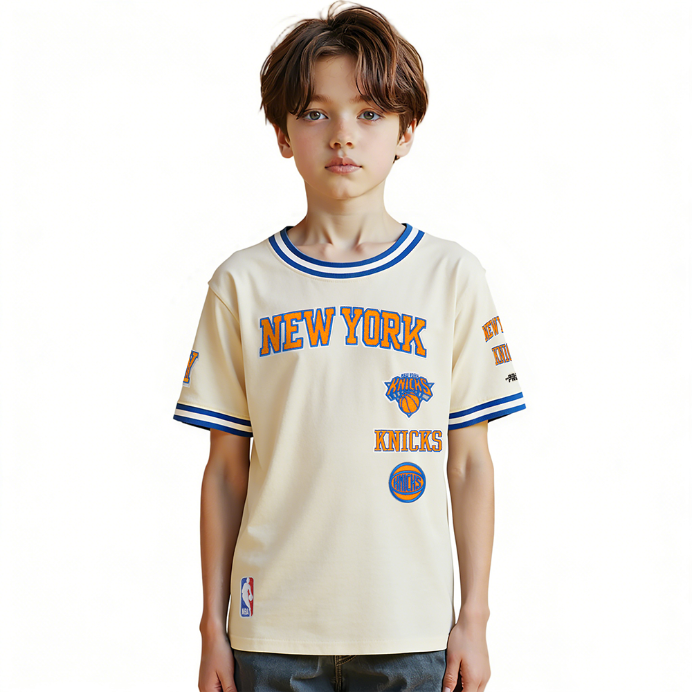 NBA NEW YORK KNICKS RETRO CLASSIC BIG BOY'S SS STRIPED RIB TEE (EGGSHELL/ROYAL BLUE)