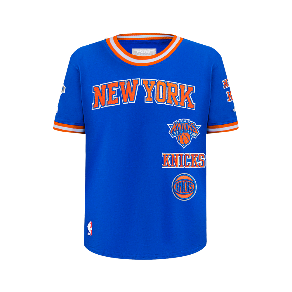 NBA NEW YORK KNICKS RETRO CLASSIC T-SHIRT CÔTELÉ RAYÉ À MANCHES COURTES POUR GARÇON JUNIOR (BLEU ROYAL/ORANGE)