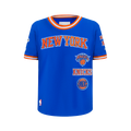 NBA NEW YORK KNICKS RETRO CLASSIC T-SHIRT CÔTELÉ RAYÉ À MANCHES COURTES POUR GARÇON JUNIOR (BLEU ROYAL/ORANGE)
