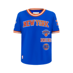 NBA NEW YORK KNICKS RETRO CLASSIC T-SHIRT CÔTELÉ RAYÉ À MANCHES COURTES POUR GARÇON JUNIOR (BLEU ROYAL/ORANGE)