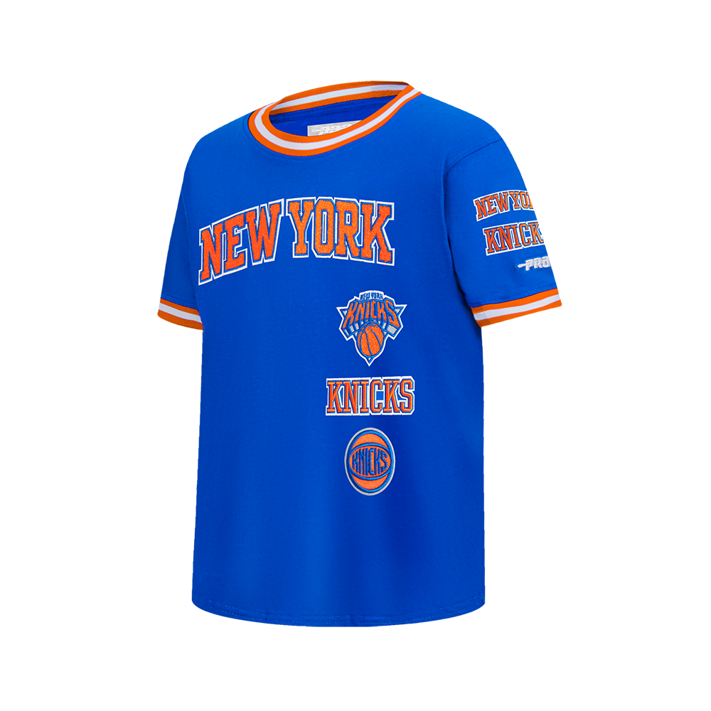 NBA NEW YORK KNICKS RETRO CLASSIC T-SHIRT CÔTELÉ RAYÉ À MANCHES COURTES POUR GARÇON JUNIOR (BLEU ROYAL/ORANGE)