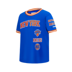 NBA NEW YORK KNICKS RETRO CLASSIC T-SHIRT CÔTELÉ RAYÉ À MANCHES COURTES POUR GARÇON JUNIOR (BLEU ROYAL/ORANGE)