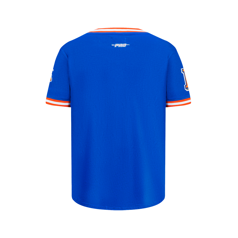 NBA NEW YORK KNICKS RETRO CLASSIC T-SHIRT CÔTELÉ RAYÉ À MANCHES COURTES POUR GARÇON JUNIOR (BLEU ROYAL/ORANGE)