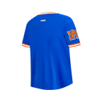 NBA NEW YORK KNICKS RETRO CLASSIC T-SHIRT CÔTELÉ RAYÉ À MANCHES COURTES POUR GARÇON JUNIOR (BLEU ROYAL/ORANGE)