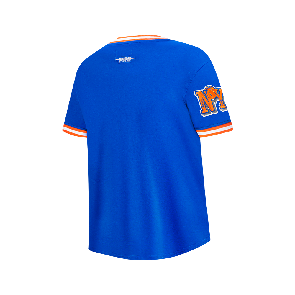 NBA NEW YORK KNICKS RETRO CLASSIC T-SHIRT CÔTELÉ RAYÉ À MANCHES COURTES POUR GARÇON JUNIOR (BLEU ROYAL/ORANGE)