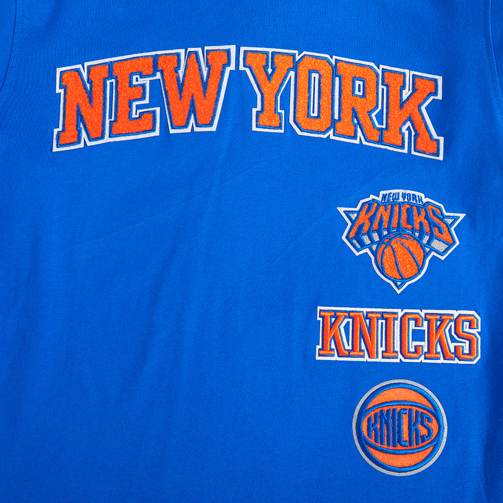 NBA NEW YORK KNICKS RETRO CLASSIC T-SHIRT CÔTELÉ RAYÉ À MANCHES COURTES POUR GARÇON JUNIOR (BLEU ROYAL/ORANGE)